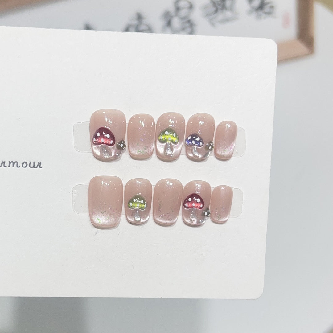 Artistic Press-On Nail Set with Playful Mushroom Designs Stornfield