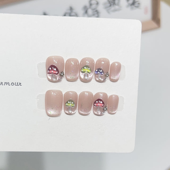 Artistic Press-On Nail Set with Playful Mushroom Designs Stornfield