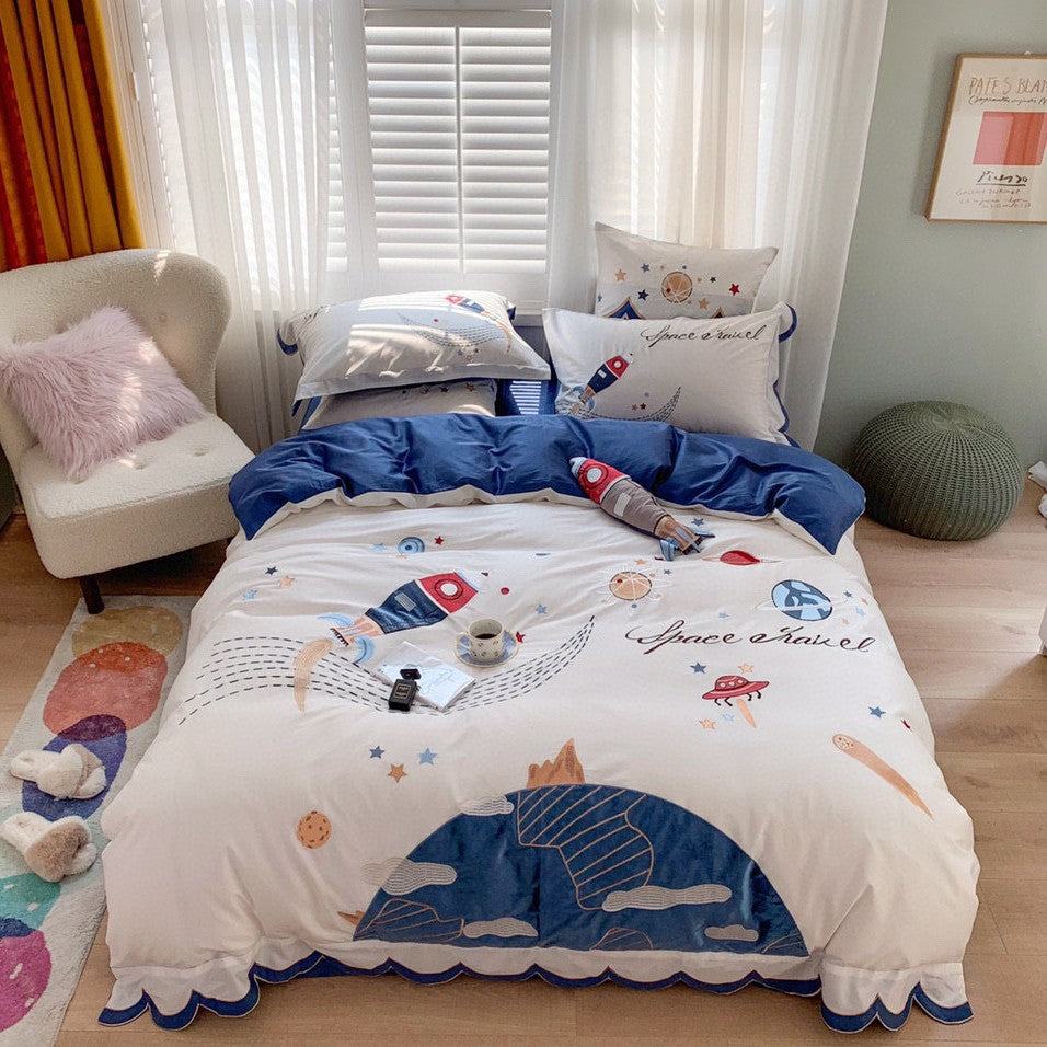 Embroidered Cartoon Rabbit Cotton Sateen Duvet Cover Set with Plush Accent Pillow