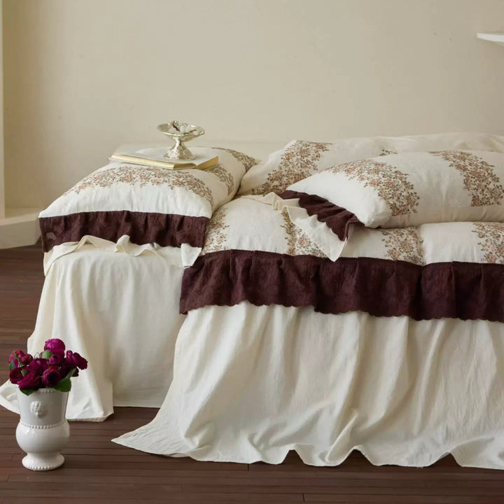 Patchwork-Striped Floral Quilted Duvet Cover Set with Frilled Hem & Envelope Shams