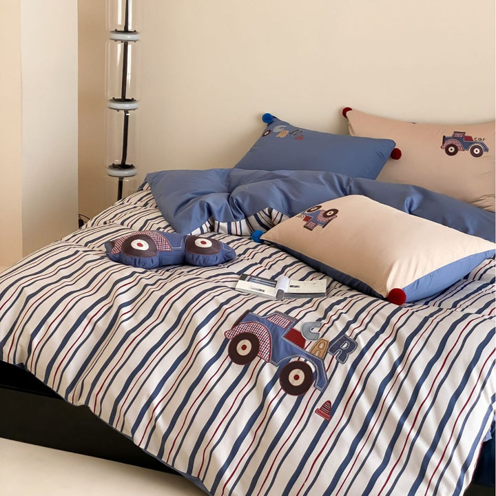 Striped Cotton Duvet Cover Set with Embroidered Car Appliqué & Pom-Pom Pillow Shams