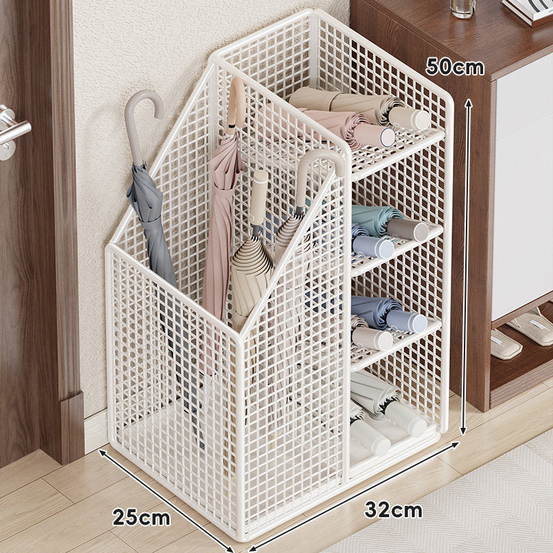 Metal Mesh Entryway Umbrella Stand with Vertical Compartments and Multi-Tier Rolled-Umbrella Shelves