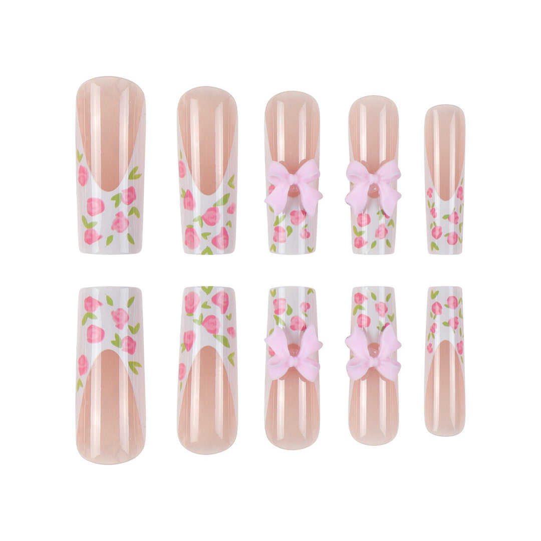 Floral Bow-Design Long Press-On Nails Stornfield