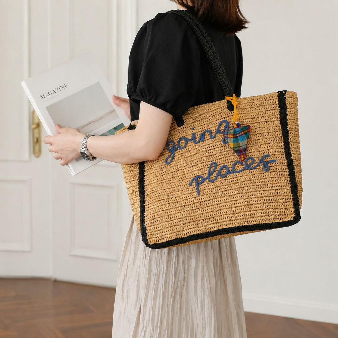Spacious straw shopping bag with lettering Stornfield