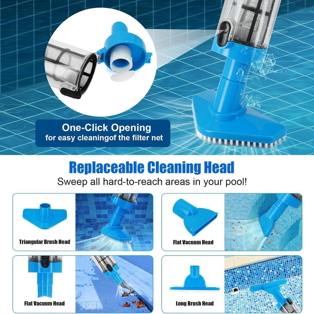 Rechargeable handheld pool vacuum kit with interchangeable brush heads and telescopic pole Stornfield