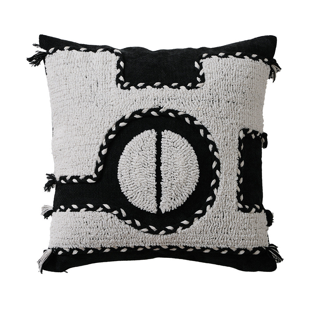 Square hand-tufted decorative pillow with geometric high-pile relief