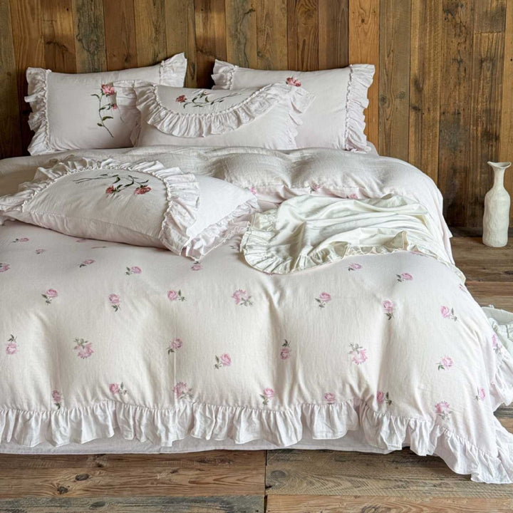 Vintage French Farmhouse Ruffled Linen-Cotton Duvet Cover & Sham Set with Hand-Embroidered Roses
