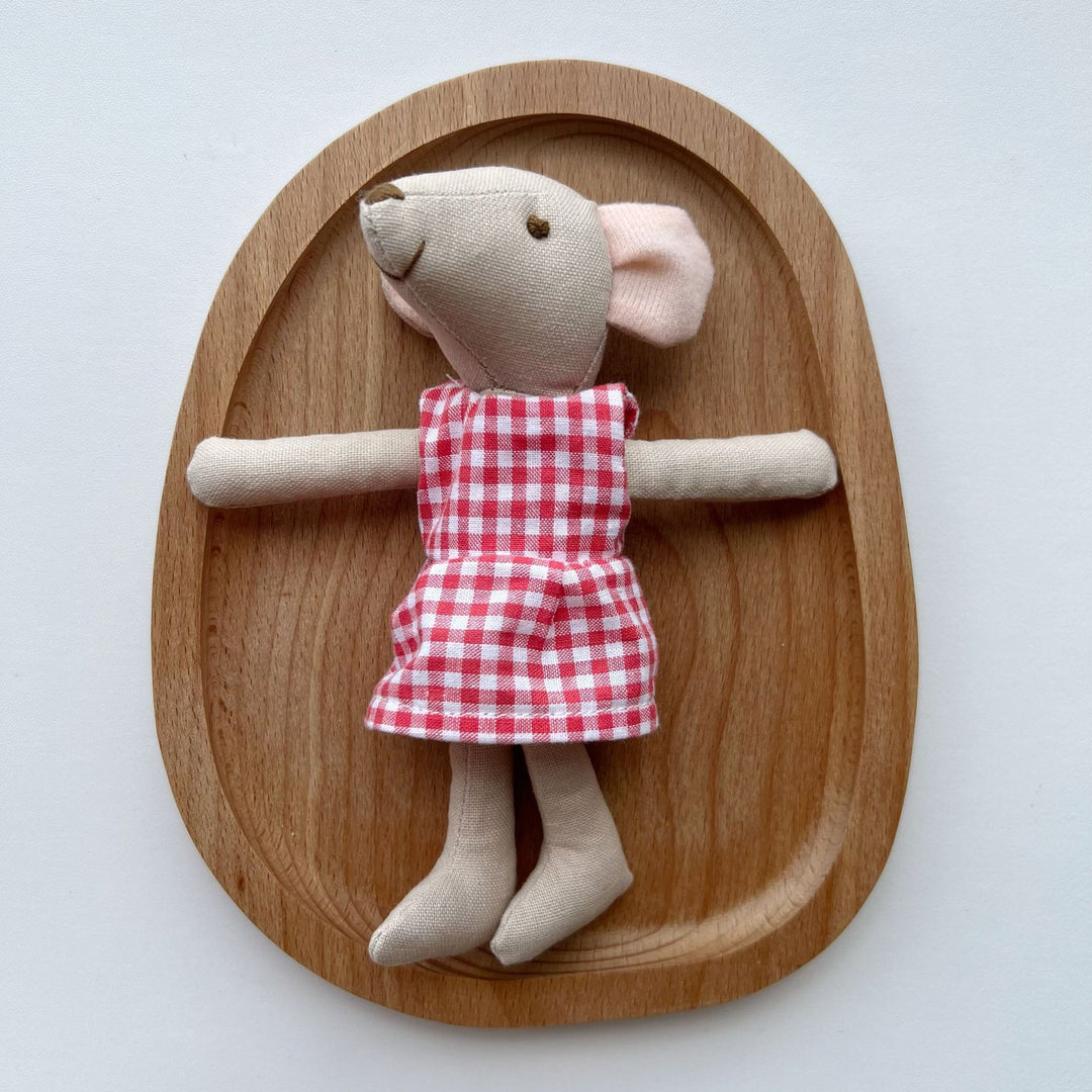 Artisan Linen Play Mouse Doll with Gingham Dress