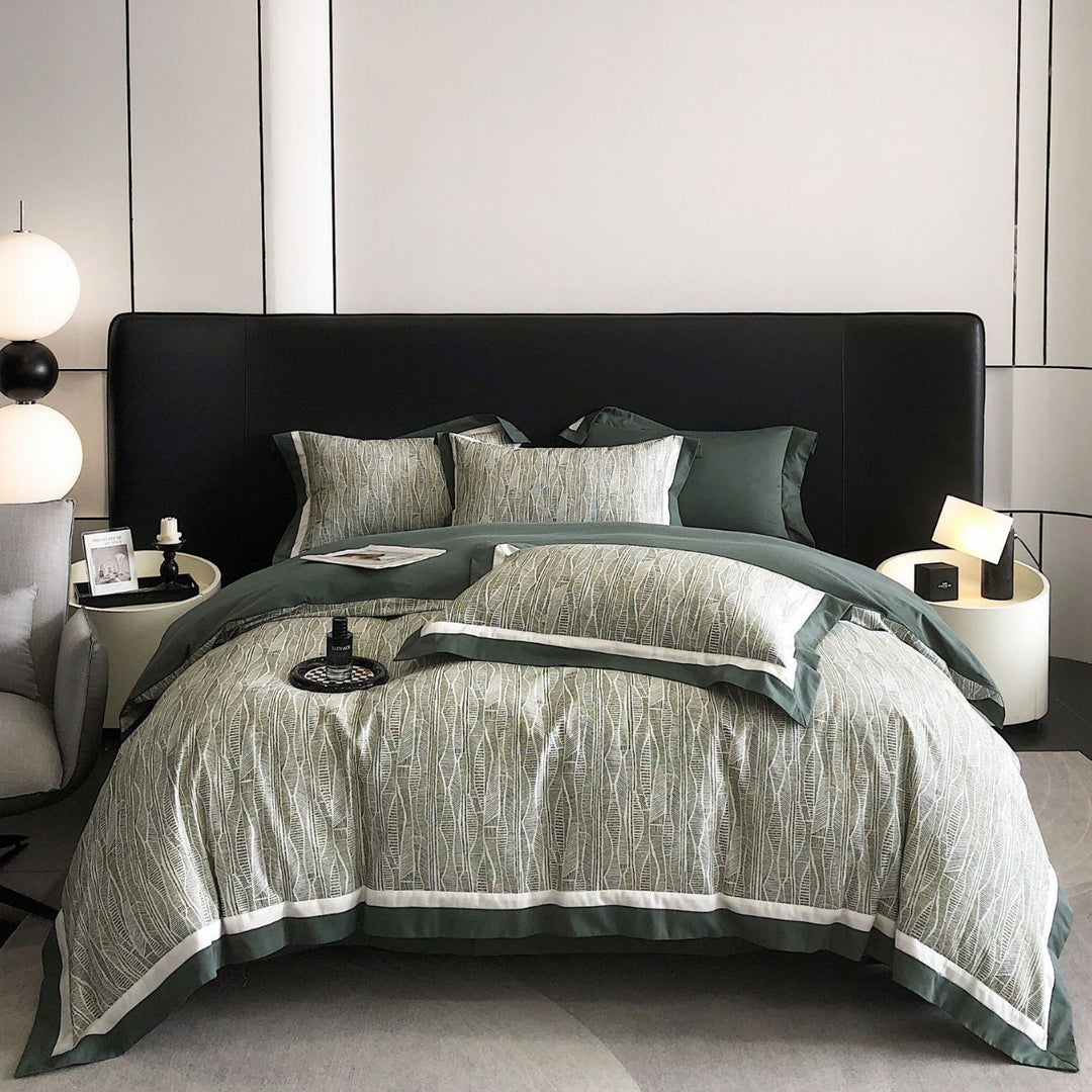 Reversible Cotton-Sateen Duvet Cover Set with Botanical Linear Print & Contrast Border