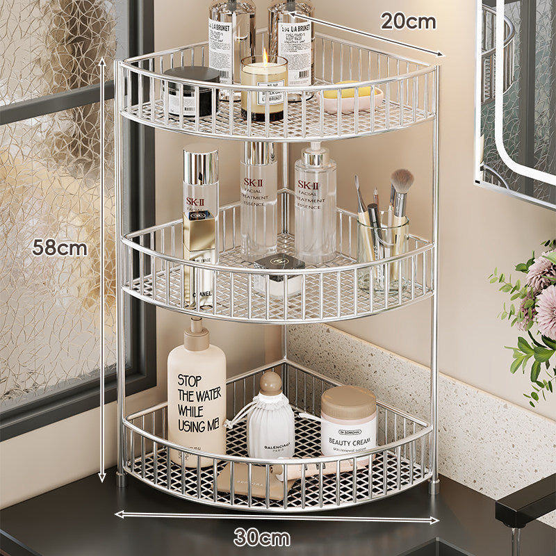 Corner Space-Saving Three-Tier Ventilated Mesh Storage Rack for Bathroom and Vanity