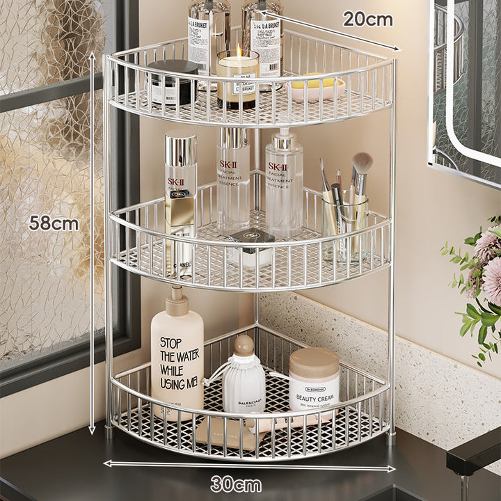 Corner Space-Saving Three-Tier Ventilated Mesh Storage Rack for Bathroom and Vanity