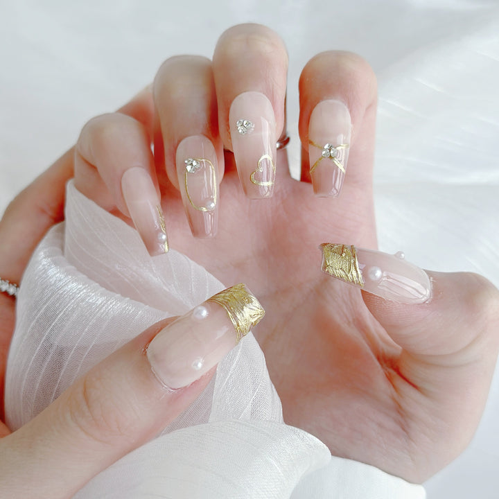 Elegant Ombre Press-On Nails with Pearlescent and Gold Accents