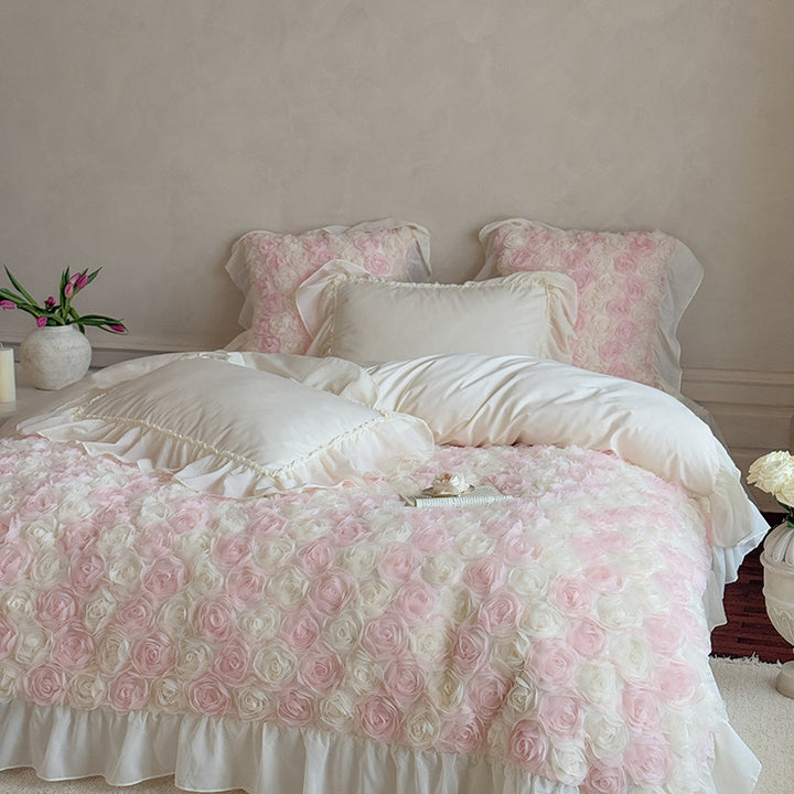 Romantic bedspread with 3D rose appliqué and ruffle