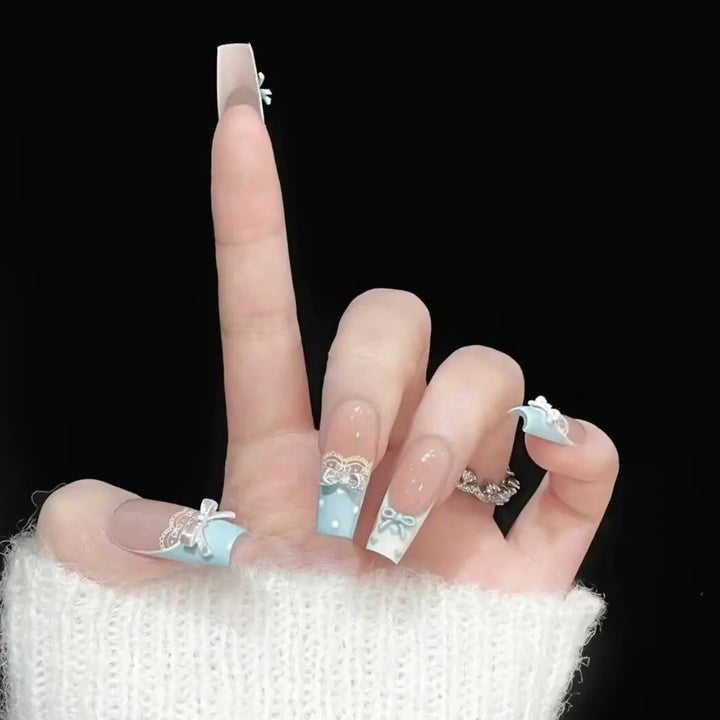 Decorative Press-On Nail Set with Ribbon Accents Stornfield