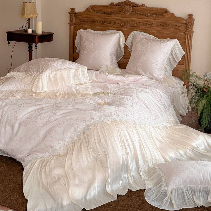 Romantic Pleated Silk-Feel Duvet Cover Ensemble with Lace-Edged Floor-Length Skirt
