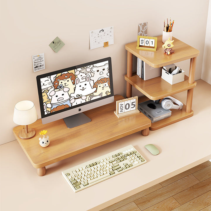 Solid Wood Monitor Riser with Tiered Desk Organizer and Cable Management