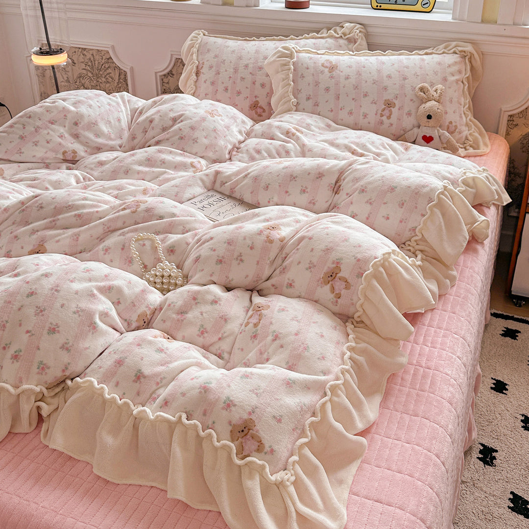 Reversible Plush Floral Comforter Set with Ruffled Skirt and Matching Pillow Shams