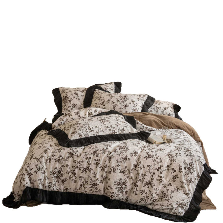 Reversible Floral Cotton Duvet Cover Set with Velvet Ruffle Trim and Matching Pillow Shams