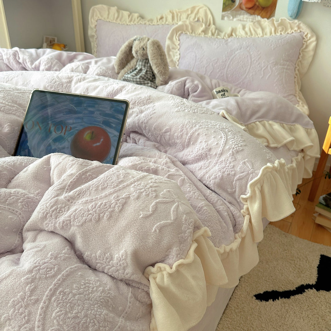 Plush Ruffled Embossed Velvet Comforter Set with Layered Frill Shams