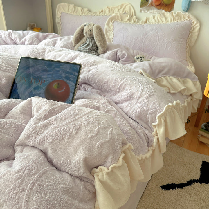 Plush Ruffled Embossed Velvet Comforter Set with Layered Frill Shams