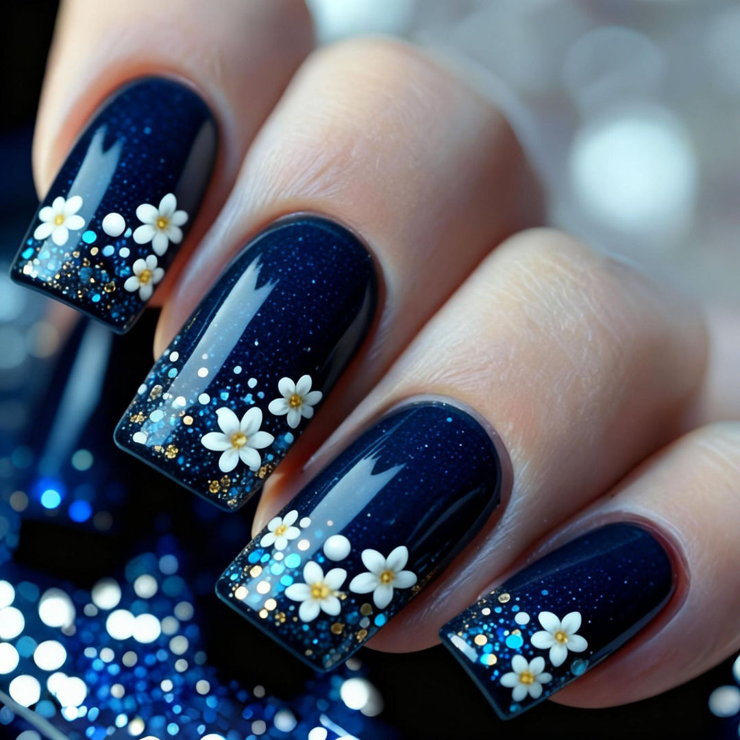 Acrylic nail set with elegant flower design and glitter accents Stornfield