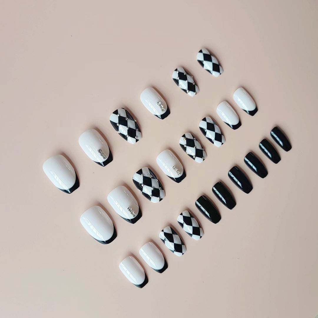 Acrylic Nail Set with Creative Checkerboard Design and Sparkling Accents Stornfield