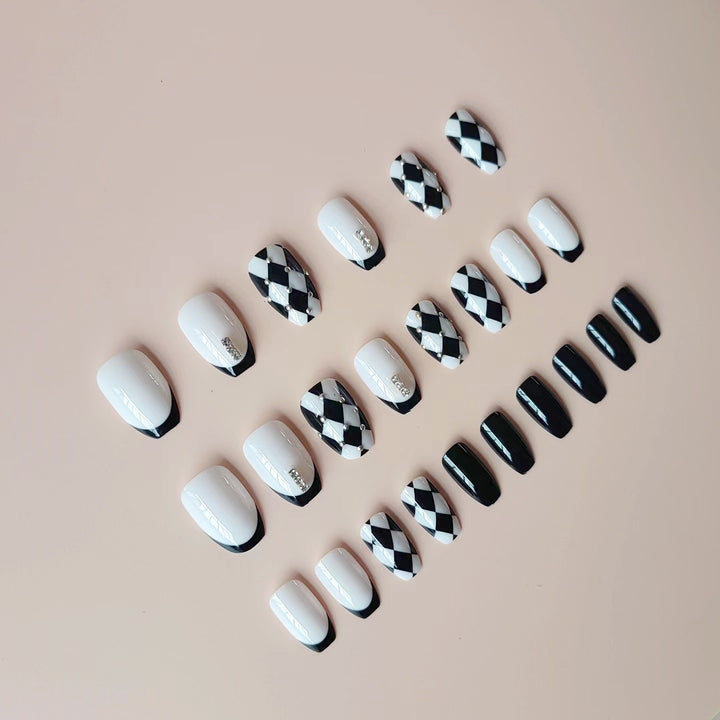 Acrylic Nail Set with Creative Checkerboard Design and Sparkling Accents Stornfield
