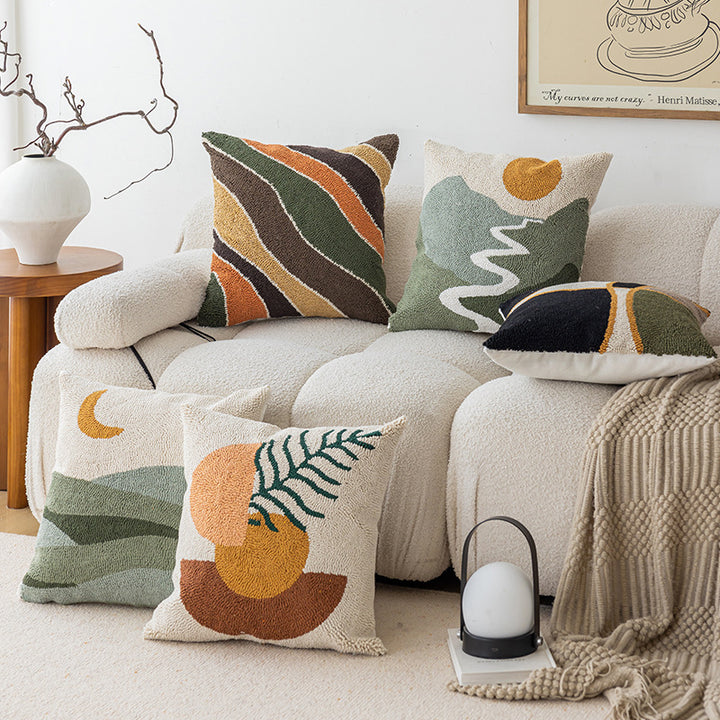 Hand-Tufted Abstract Geometric Loop-Pile Throw Pillow Cover with Hidden Zipper