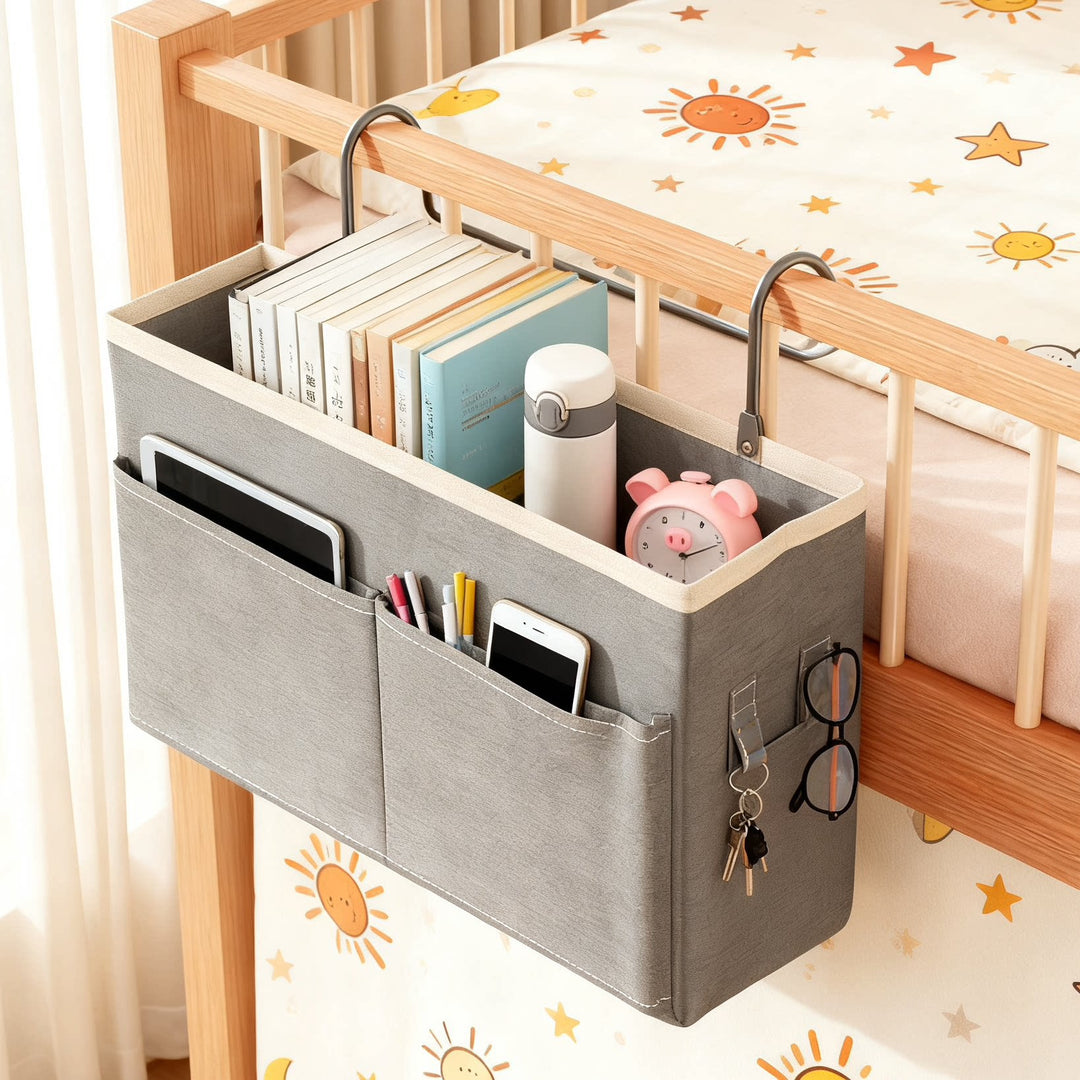 Over-Bed Rail Hanging Storage Organizer Caddy with Tablet Slot Dual Front Pockets and Accessory Hooks