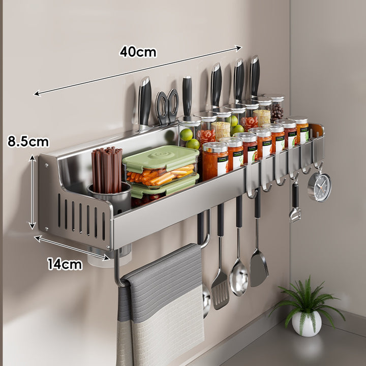 Wall-Mounted Stainless Steel Kitchen Rail with Knife Slots Spice Jar Shelf Multi-Hook Towel Bar