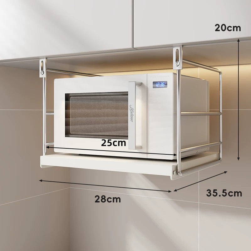 Under-Cabinet Stainless Steel Microwave Shelf with Sliding Tray and Adjustable Hooks