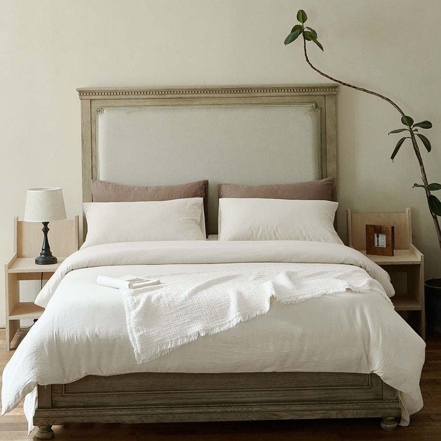 Light bed linen set made of washed linen-cotton blend with a natural texture