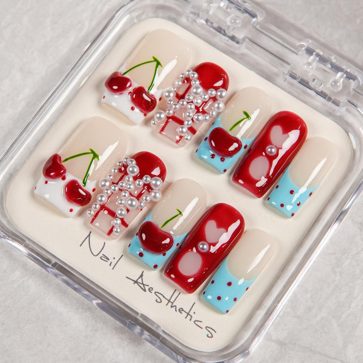 Artistic Press-On Nail Set with Cherry Design