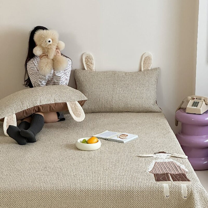 Quilted Cotton Bed Mat and Pillowcase Set with Playful Animal Applique and Handle Tabs