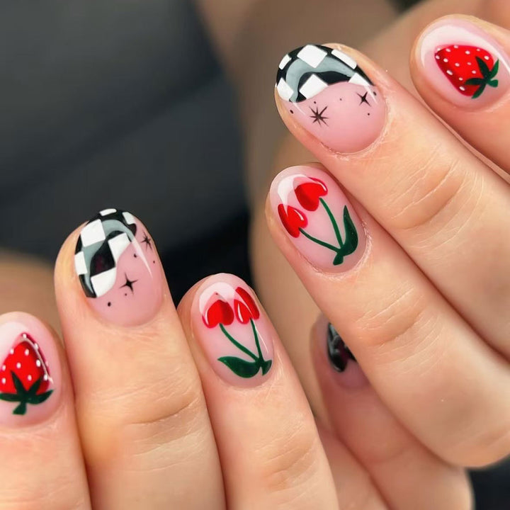 Artistic Floral and Checker Nail Art