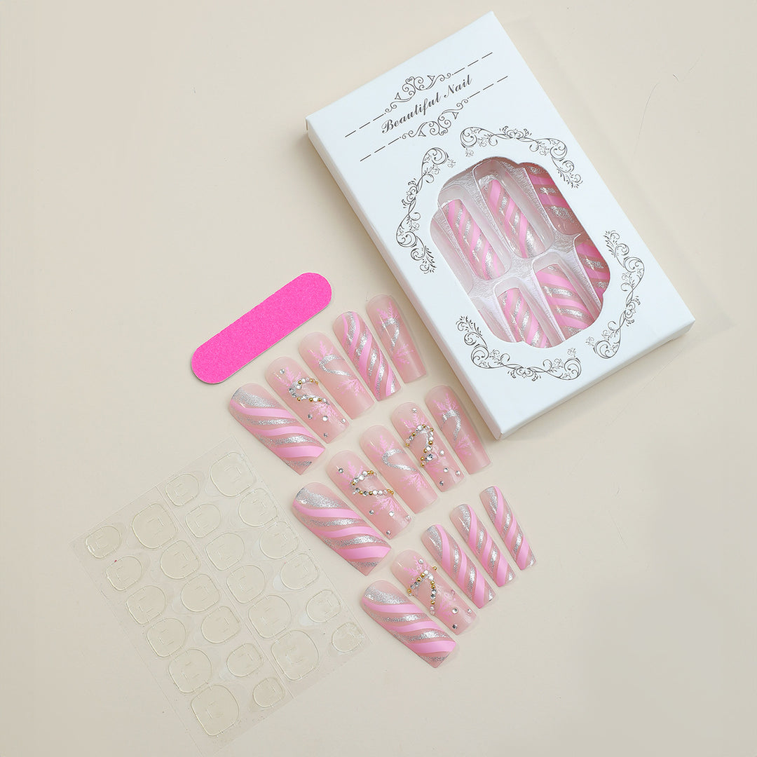 Decorative Press-On Nail Set with Exquisite Glitter Ribbon Design Stornfield