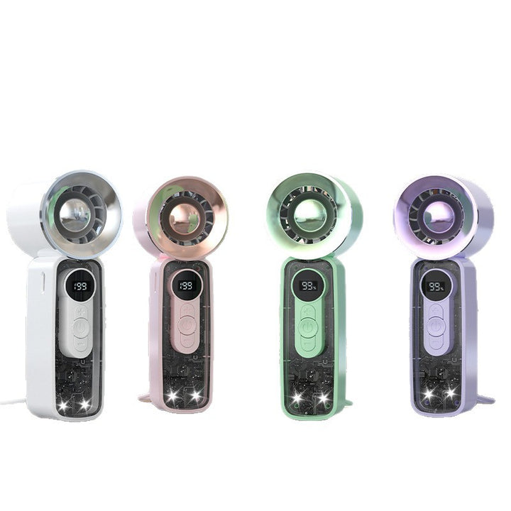 Cooling bladeless micro-turbine handheld fan with OLED battery display and fold-out stand Stornfield