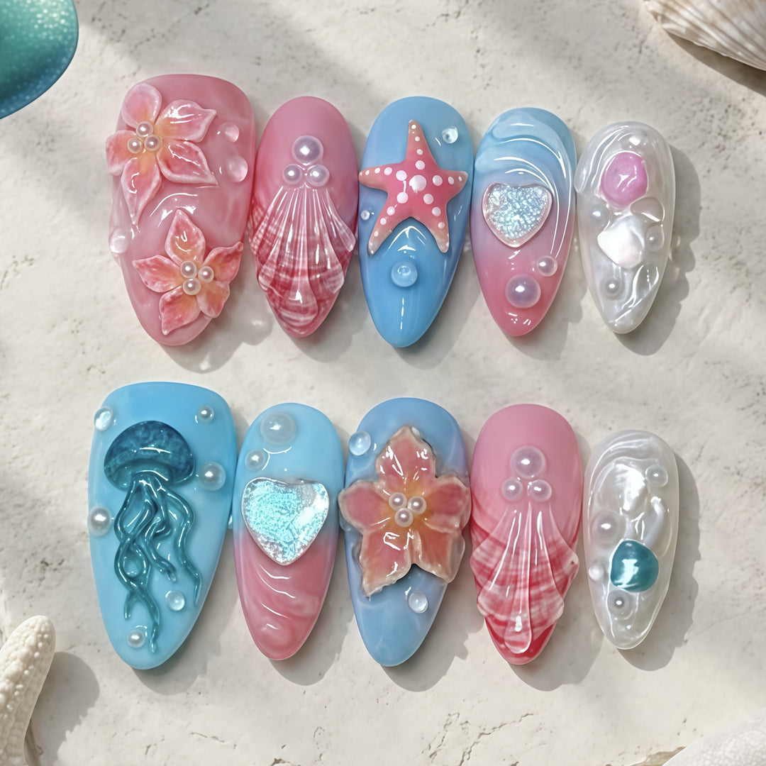 Artistic Ocean-Inspired Press-On Nail Set