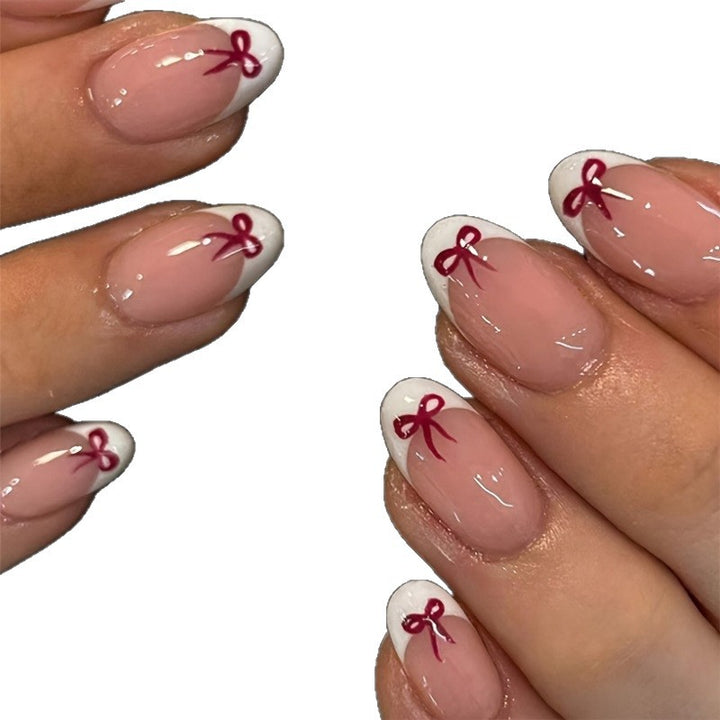 Stylish French Tip Press-On Nails with Bow Design Stornfield