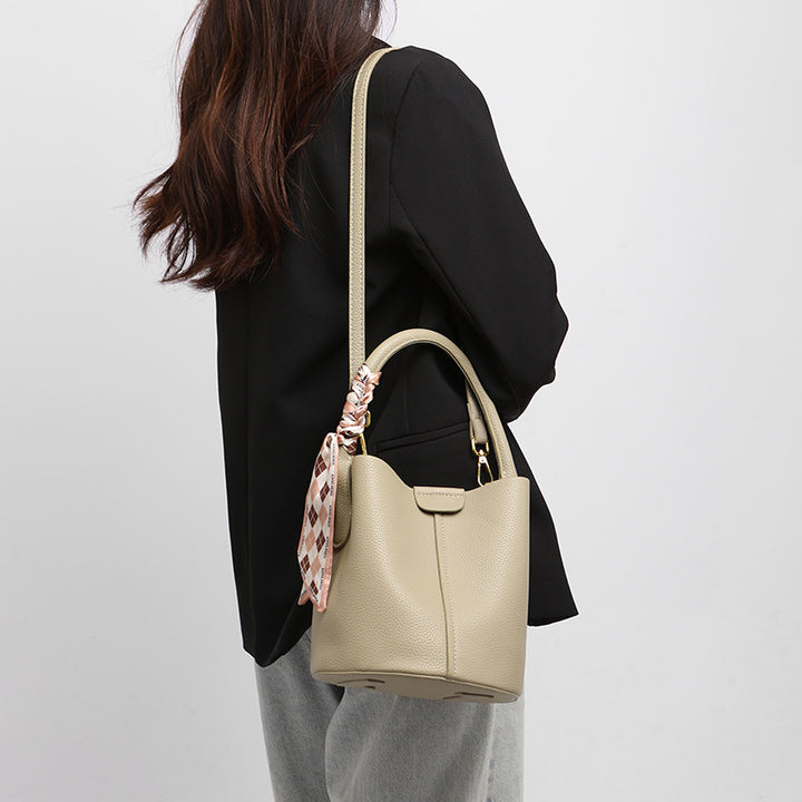 Textured Leather Bucket Bag with Scarf Detail