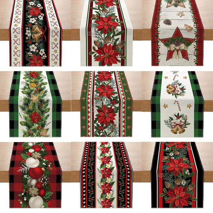 Holiday Buffalo-Check Cotton-Linen Decorative Table Runner with Golden Bells Wreath and Candy Cane Motif