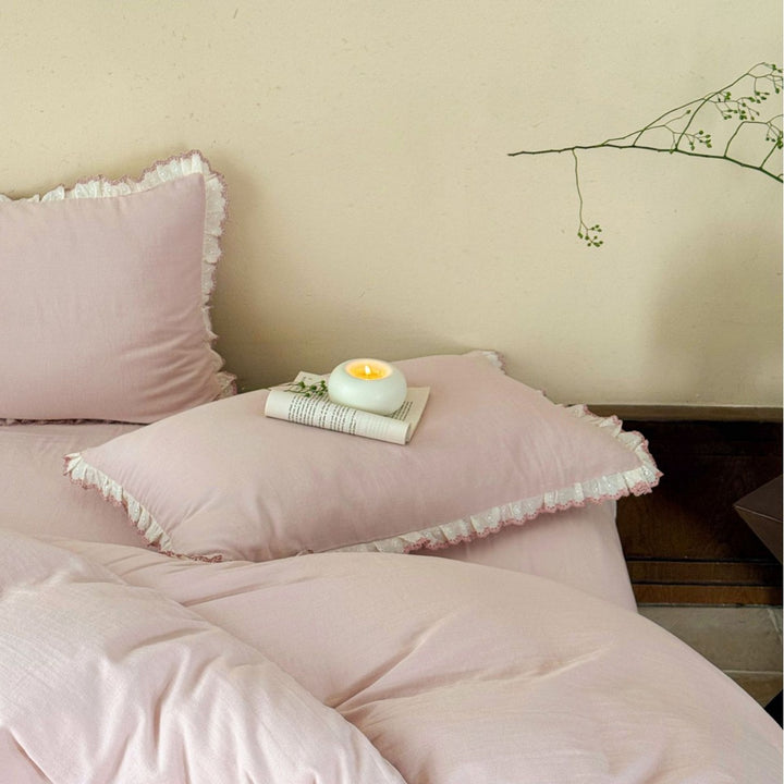 Ruffled Lace-Trim Washed Cotton Duvet Cover Set with Pillow Shams
