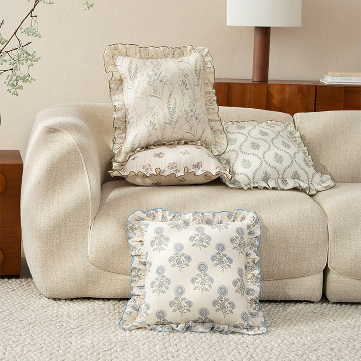 Decorative cushion with ruffles and botanical linen pattern Stornfield