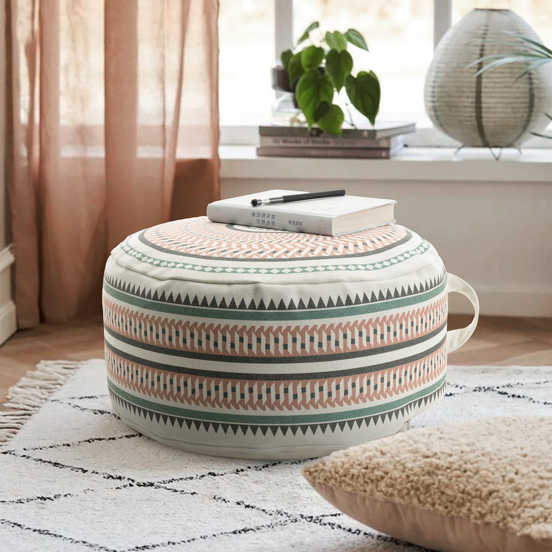 Round padded floor seat pouf with woven ethnic pattern and carrying handle Stornfield