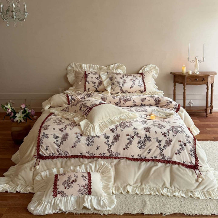 Romantic Floral Ruffled Duvet Cover & Decorative Sham Bedding Set