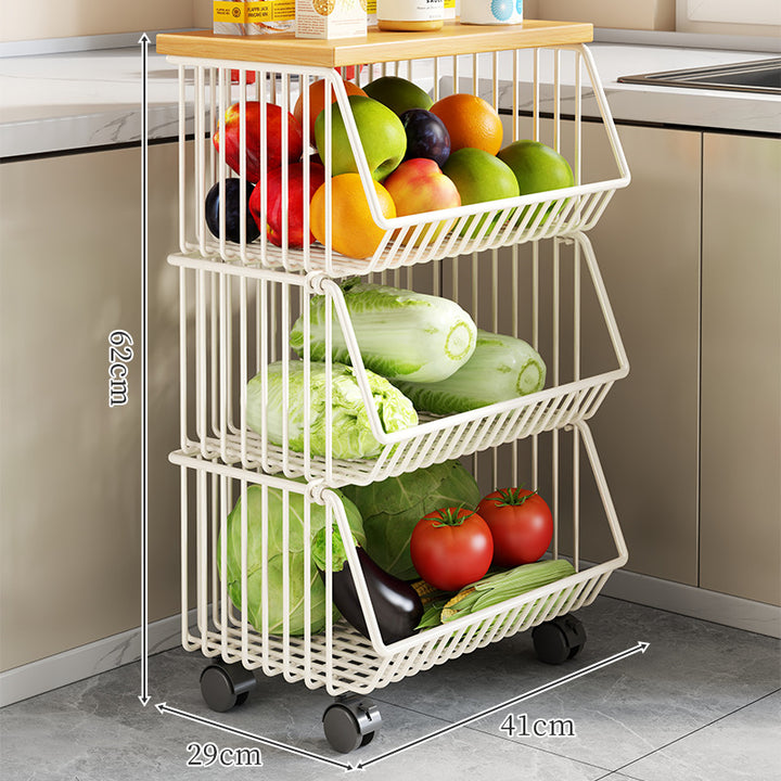 Countertop Wooden-Top Metal Wire Produce Storage Basket with Front-Tilt Access