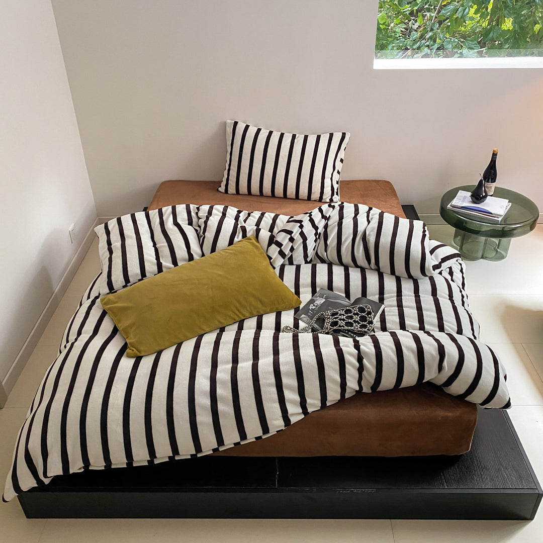 Brushed Cotton Flannel Striped Duvet Cover & Pillowcase Set with Hidden Zip & Corner Ties