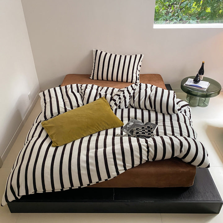 Brushed Cotton Flannel Striped Duvet Cover & Pillowcase Set with Hidden Zip & Corner Ties