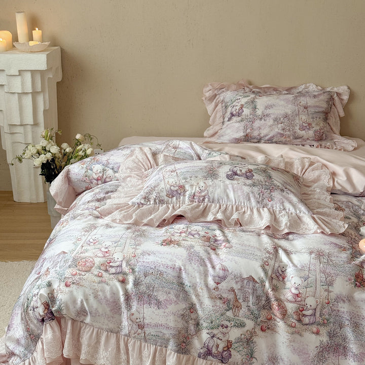 Ruffled Cotton-Sateen Reversible Duvet Cover Set with Pastel Fantasy Animal Print and Lace-Trim Pillow Shams