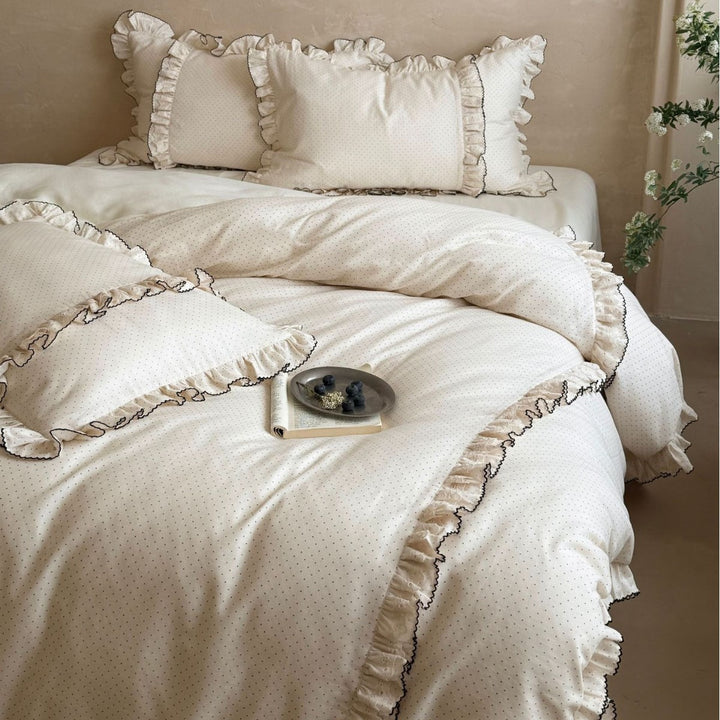 Cottage Ruffled Duvet Cover Ensemble with Microdot Cotton Sateen Frilled Hem and Piped Pillow Shams